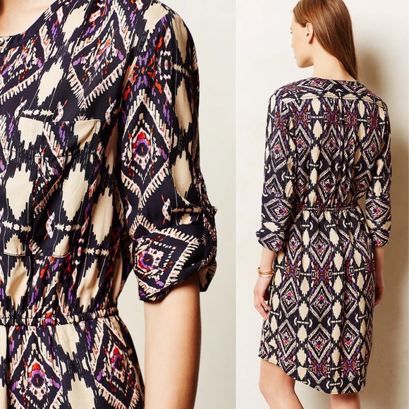 ANTHROPOLOGIE 3/4 Sleeve Shirt Dress Button Front Print Boho Holding Horses XS 0 - Picture 1 of 6